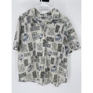 Paradise Bay Misses M vintage blue white Oriental Style  collared shirt